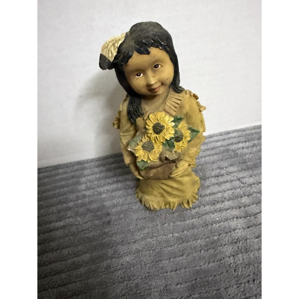Resin Native American Indian Girl Holding Sack of Flowers, Heavy Weight 6-1/4"